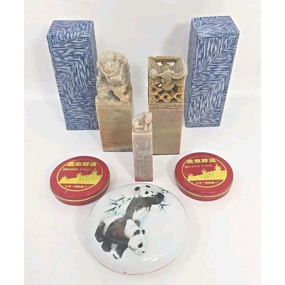 Vtg Asian Stone Carved Dragon Chops / Stamps Etched Scenes Ink Lot U133 main image 14